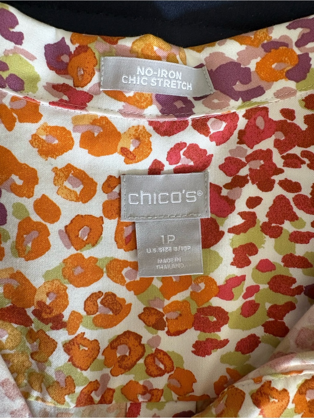 Chico's Cream Blouse with Orange, Pink and Green Leopard Print